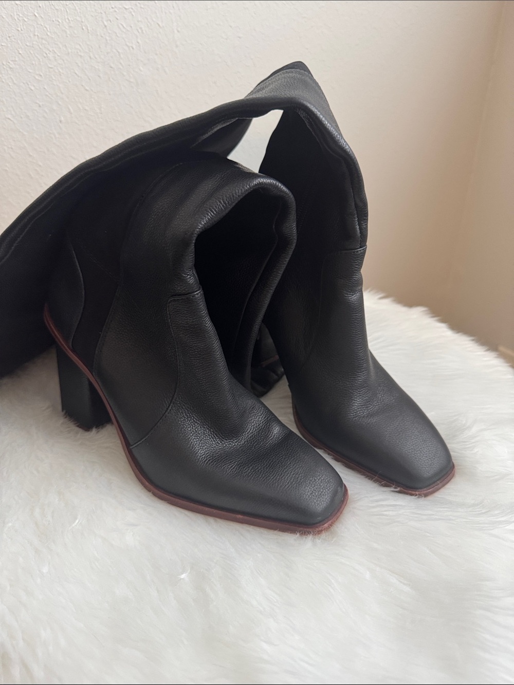 Vince Camuto Black Leather Over-the-Knee Square-Toe Block Heel Boots
